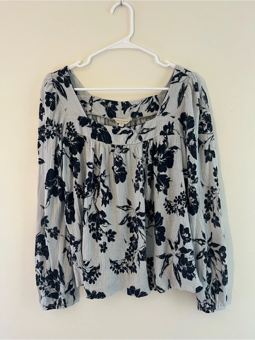 Lucky Brand Black Floral Boho Long Sleeve Peasant Blouse Medium